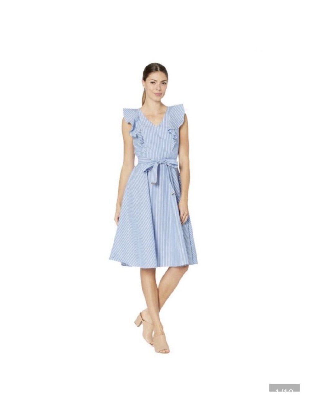 Tommy Hilfiger Dress Women's Size 16 Midi  Cotton Chambray Blue Stripes Ruffle